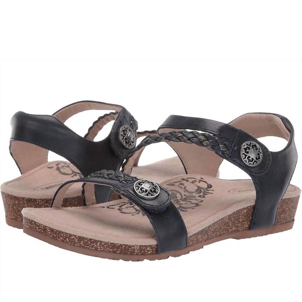 Aetrex Navy Braided Leather Thong Sandals with Decorative Medallions size 8.5